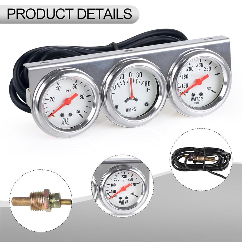 ANDO RACING 2" 52 mm 3 in 1 Car Meter Triple Gauge Kit Oil Pressure Gauge AMP Meter Water Temperature Gauge AMP Set White Face 12V Car Meter - Image 4
